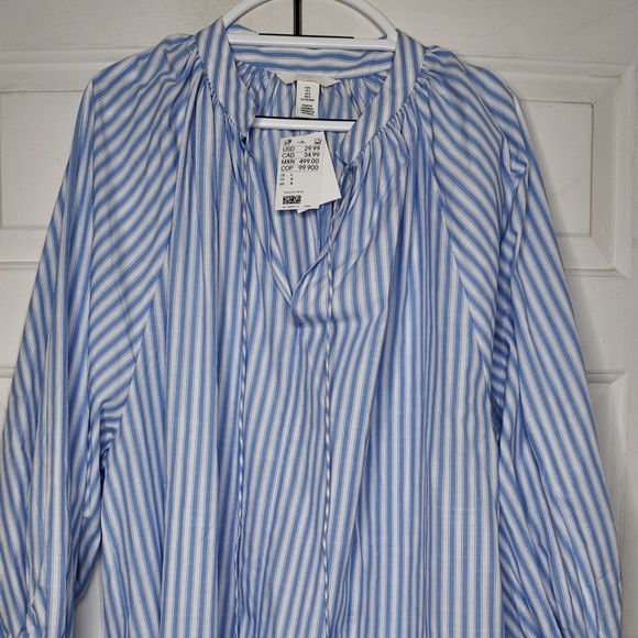 Blue & White Stripe Peasant Blouse - Long Sleeve, Oversized Fit - Picture 1 of 6